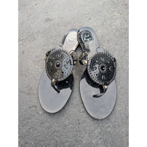 Jack Rogers Women's Collins Jelly Black Thong Medallion Sandal Sz 10 Minimalist - Picture 1 of 5
